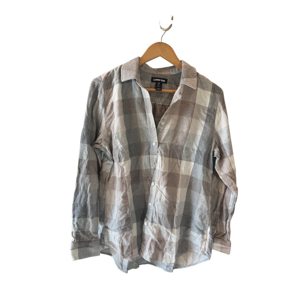 Lands' End Plaid Flannel Shirt Womens M 10-12 Button‎ Front Long Sleeve